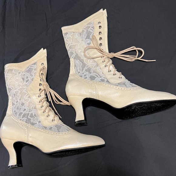 Oak Tree Farms Shoes - Oak Tree Farms Vesper leather and lace Victorian wedding boots in beige pearl.